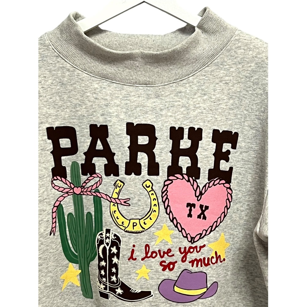 Parke Sweatshirt Womens S/M Gray Texas Western Graphic Mock Neck Pullover Fleece - Picture 5 of 8